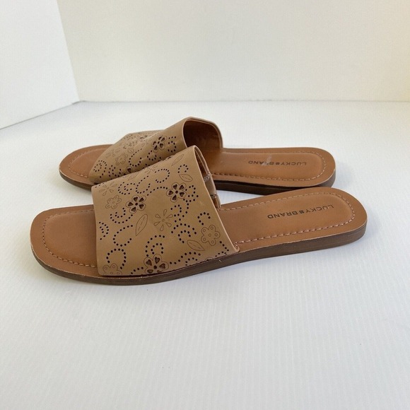Lucky Brand Slide Sandals Size 10 Laser Cut Floral Tan Shoes Flat Slip On - Picture 4 of 10